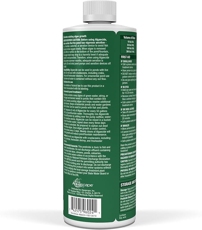Aquascape Algaecide for Ponds, Waterfalls, and Fountains – Fast-Acting Algae Control, 32 oz / 946 ml, 96024