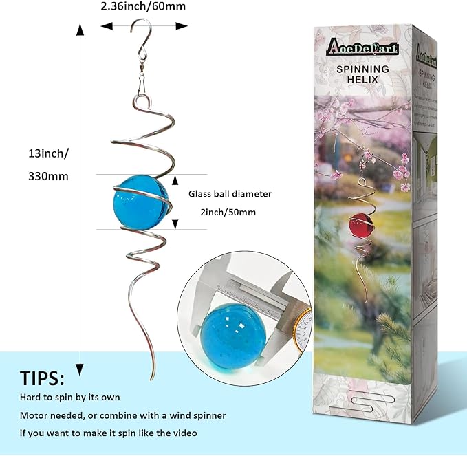 Gazing Ball Spiral Tail Wind Spinner Stabilizer,Wind Spinner Tail Decorative Sun Catcher,Wind Spinner Spiral Indoor Outdoor Garden Decoration,Wind Spiral Rotating Yard Art Decor-13in(Blue)