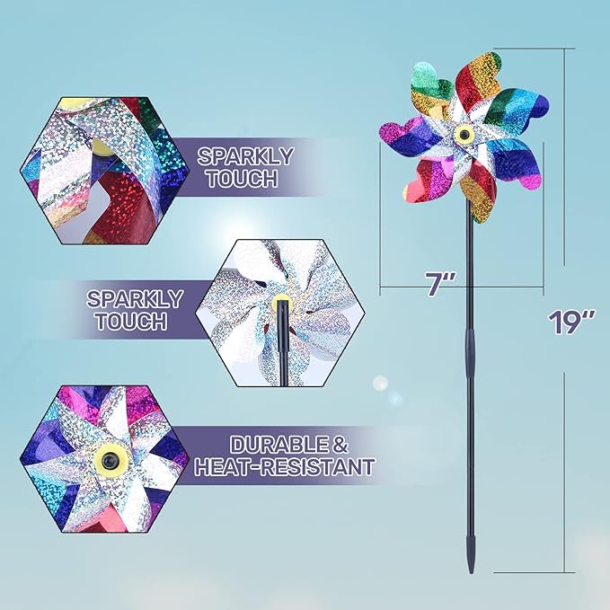 BATTIFE 10 Pack Sparkly Rainbow Pinwheels, Reflective Wind Spinner for Yard and Garden with Stakes, Decor Windmill to Scare Birds Away for Lawn and Patio