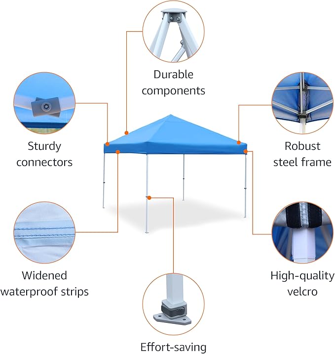 Amazon Basics Outdoor Pop Up 10 x 10 Canopy Tent for Events, Portable with Easy Setup, Includes Wheeled Carry Bag, 8 Pegs, 4 Ropes, 4 Weighted Bags, Blue