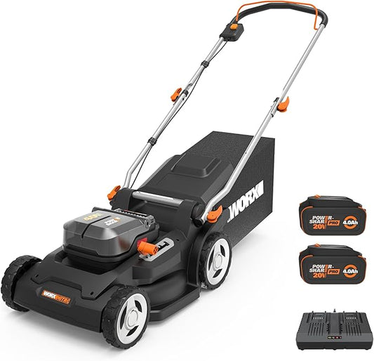 WORX 40V 17'' Cordless Lawn Mower for Medium Size Yards, 2-in-1 Electric Mower Cuts to Edge, Compact & Lightweight Push Lawn Mower with 6-Position Height Adjustment – 2 Batteries & Charger Included