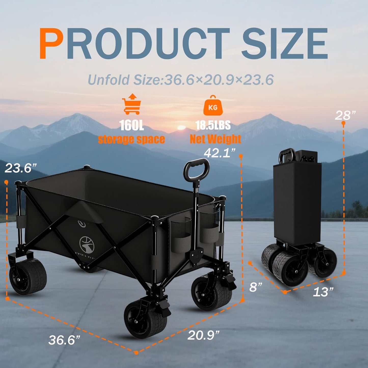 Collapsible Wagon Cart with Silent All-Terrain Wheels, Foldable Heavy Duty Beach Wagon with 330LB,Folding Cart with Cup Holders and Brakes for Camping, Garden,Shopping,Sports Black