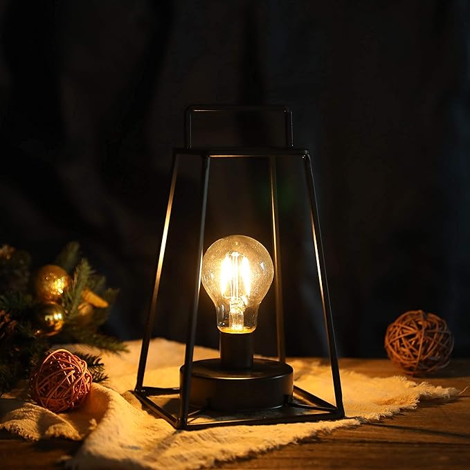 JHY DESIGN Retro Style Geometric Table Lamp 10''High Simple Iron Art Cordless Lamp Battery Powered Lamp with 6-Hours Timer Feature Cage Wireless Lamp for Balcony Party Indoor Outdoor(Short, Black)