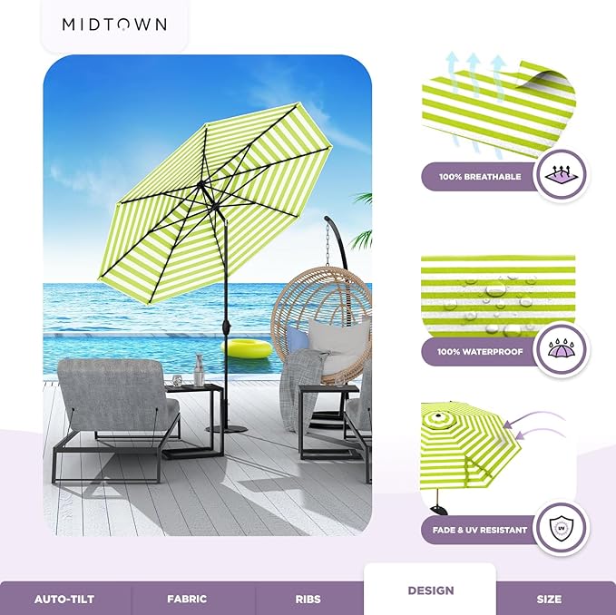 Midtown Umbrellas The Lean 8 Feet Outdoor Umbrella With Terylast Pear Stripes (Green/White Stripes) Polyester Fabric - Auto-Tilt Aluminum Frame Patio Umbrella For Deck, Garden, Pool - Black Pole