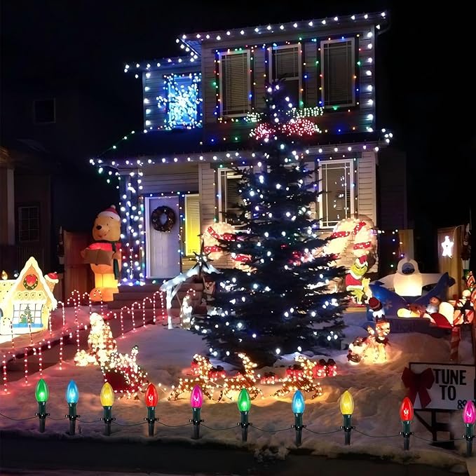 C9 Christmas Pathway String Lights Outdoor, 38Ft 25 Multicolor Marker Stakes, Yard Decorations for Walkway Lawn Sidewalk Driveway Holiday Christmas Decor