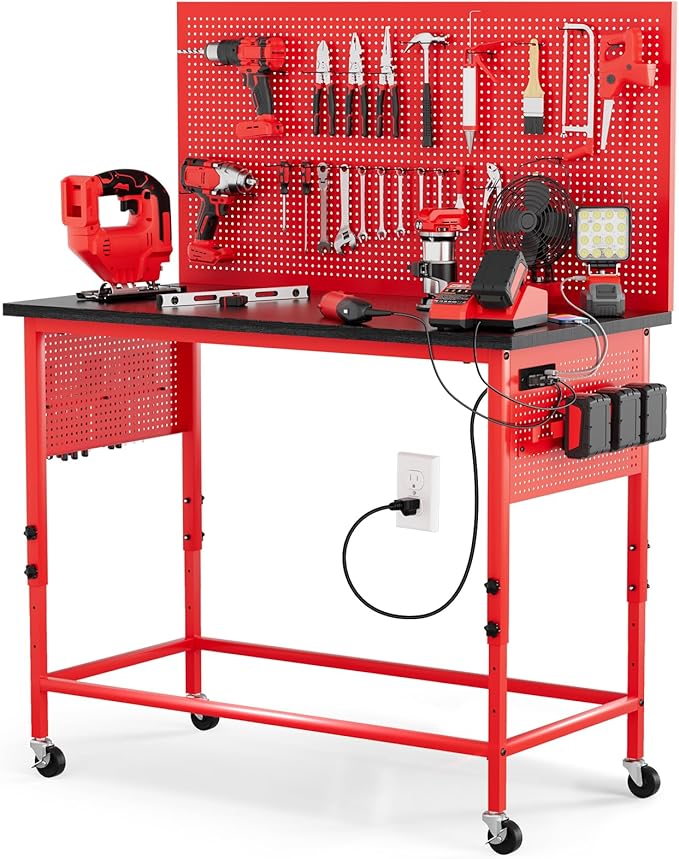 47" Heavy Duty Adjustable Workbench with Power Outlets, Pegboard & Locking Wheels - 2100LB Capacity Garage Work Table, Compatible with Milwaukee Battery, Reinforced Steel Frame for Workshop & Home Use