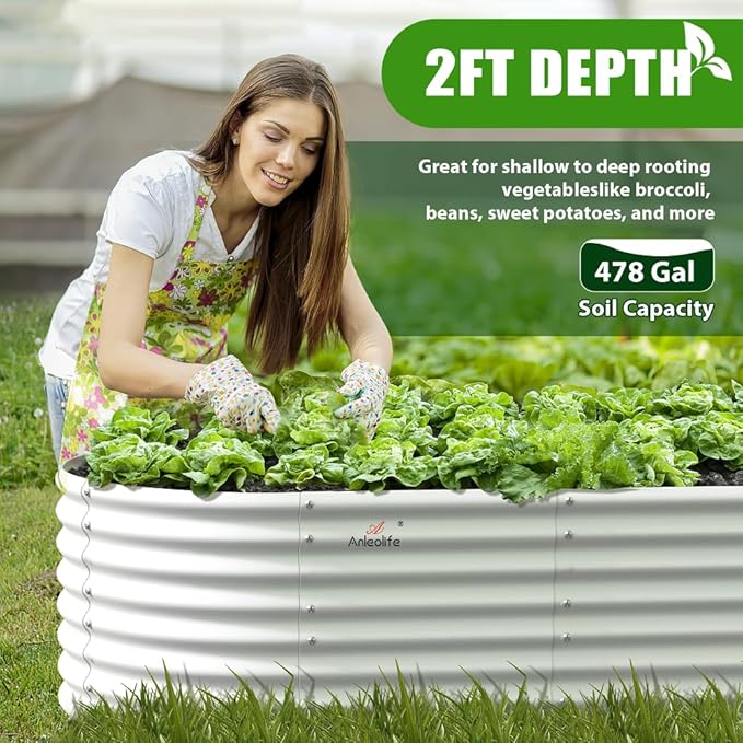 A ANLEOLIFE 8x4x2ft Galvanized Raised Garden Bed Kit, Oval Metal Deep Root Planters for Outdoor Plants Vegetables Flowers Herb, Large Bottomless, 478 Gallon Capacity- Antique White