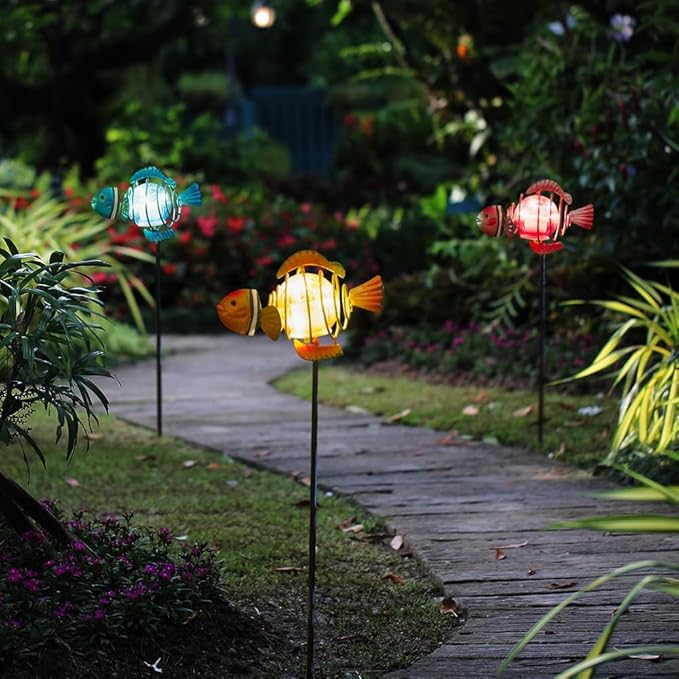 Garden Solar Lights,21.3''H 3Pack Clownfish Outdoor Figurine Lights,Waterproof Garden Decor with Led Lights, Decorative Garden Stake for,Yard,Patio,Lawn