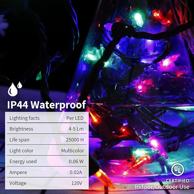 Multicolor Christmas LED Lights - 2 Pack 100 Count Multi-Colored Holiday String Lights for Tree, Party, Wedding, Indoor/Outdoor Use, 2 Sets 33 Feet Green Wire, UL Certified, Connectable