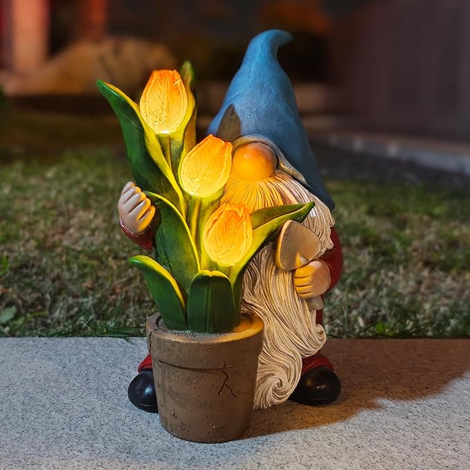 Garden Gnome Statue, Sculpture of a Dwarf Holding a Shovel and a Flower Pot, Solar Gnome Statues Outdoor Decor, Outside Lawn Patio Yard Ornament Gifts