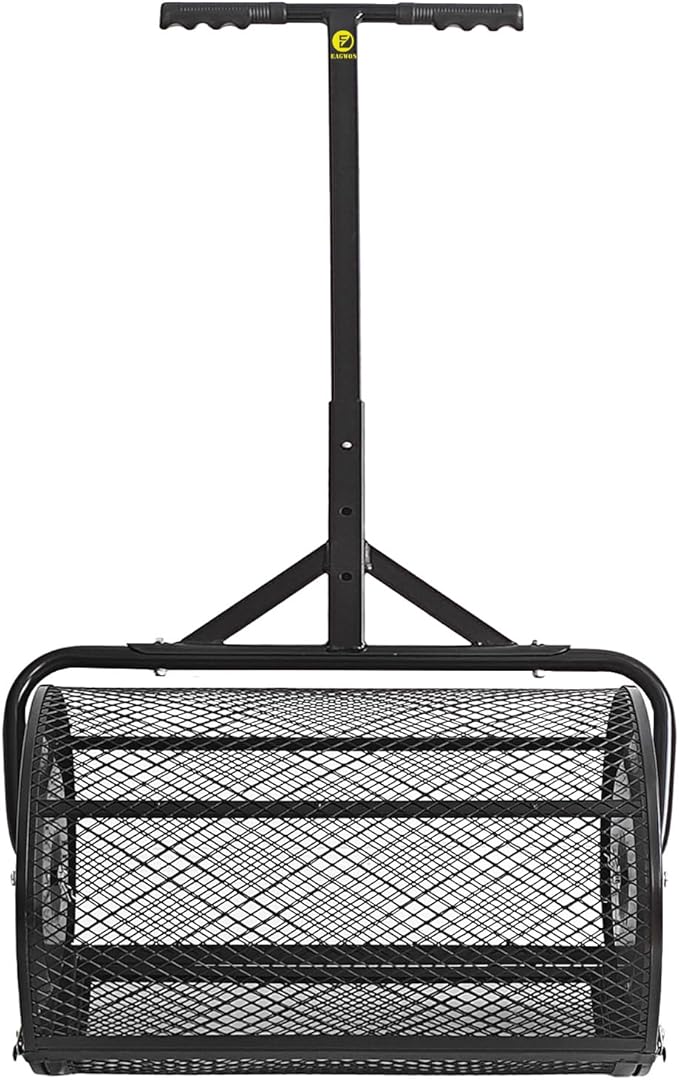 Compost Spreader, 24" Peat Moss Spreader, Roller Lawn Spreader with 3 Heights T Shaped Handle, Side Latches Powder Coated Steel Mesh Basket, Lawn & Garden Spreader for Spreading Manure Topsoil Black