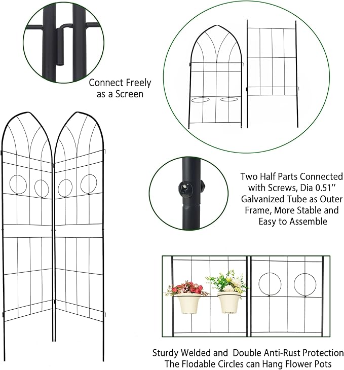 4 Pack Metal Garden Trellis 78.7" H Garden Fence Rustproof Trellis for Climbing Plants Support Roses Flower Outdoor Lawn Black