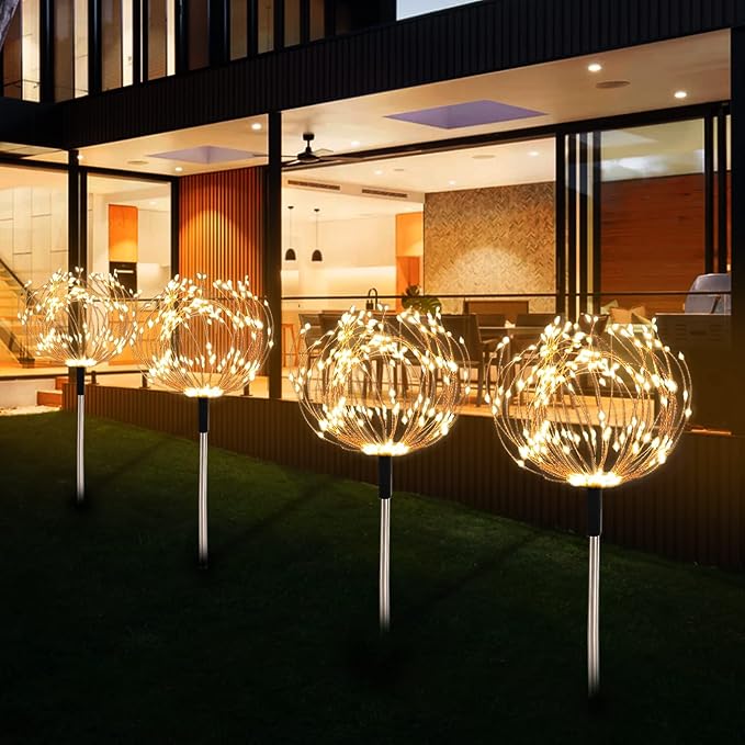 Solar Garden Lights Outdoor 4 Pack 480 LED Firework Landscape Path Lights Solar Powered Starburst Lights Waterproof 8 Lighting Modes with Remote Control for Patio Christmas Party Yard Decorative