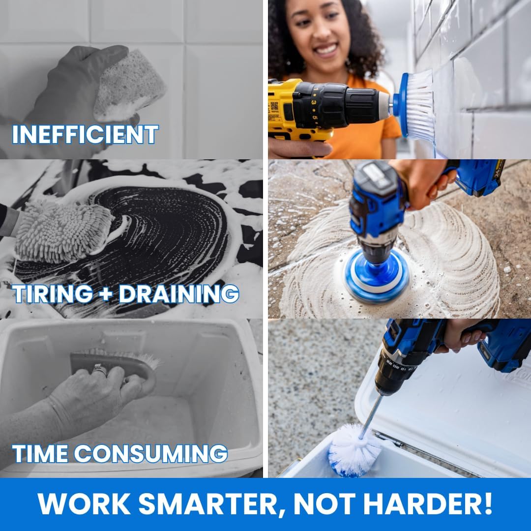 9 Pack Multi-Purpose Home Cleaning Accessory Drill Kit, Bathroom Scrub Pads, Extended Reach Round Brush Attachment Set