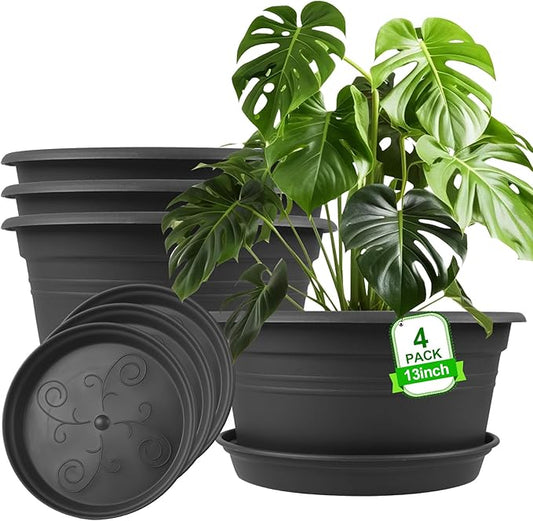Large Flower Pots Set of 4 Pack 13 inch, Plant Pots Large Outdoor Planters with Drainage Hole & Tray Saucer, Decoration Plastic Pots for Plants for Indoor Outdoor Garden Home Plants Planter (Grey)