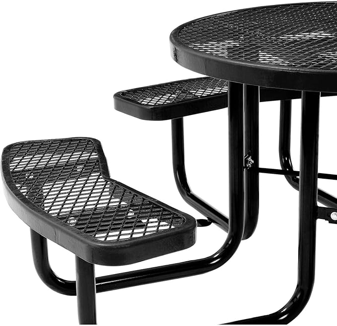 Global Industrial 46" Round Picnic Table, Expanded Metal, Black Thermoplastic Coating, Attached Benches, 1-1/2” Umbrella Pole Hole, Outdoor-Rated, 1000 lb Capacity