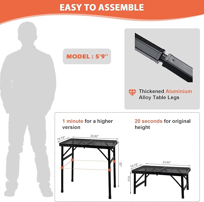 Camping Table with Mesh Desktop, Lightweight & Portable Small Folding Grill Table, Height Adjustable Metal Outdoor Table for Camp, Cooking, BBQ, RV, Picnic-2 FT Black