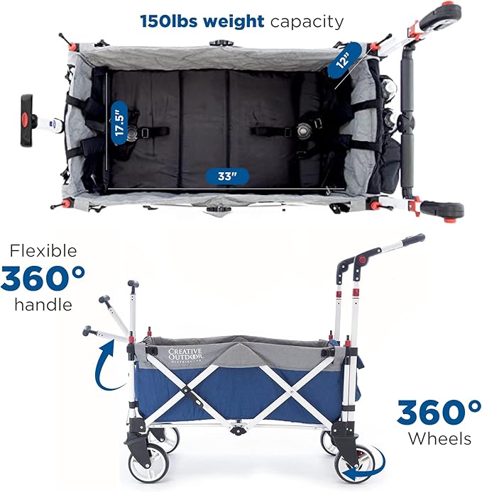 Creative Outdoor Push Pull Stroller Wagon for Kids,150lbs Weight Capacity, Collapsible Folding Cart with Canopy, Silver Series Plus, Beach, Park, Garden & Tailgate (Blue/Gray)