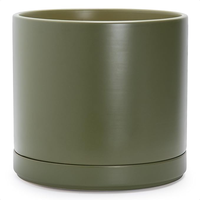 D'vine Dev 14 Inch Ceramic Planter Pot with Drainage Hole and Saucer, Indoor Cylinder Round Planter Pot, Olive, 94-O-G-J