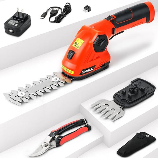 SHALL 2 in 1 Cordless Grass Trimmer & Hedge Shears - 7.2V Electric Shrub Cutter w/Pruning Scissors, Rechargeable Battery & Fast Charger