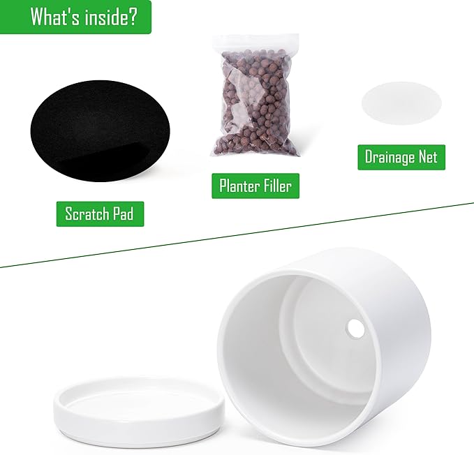 D'vine Dev 4.7 Inch & 6 Inch Ceramic Planter Pots for Plants with Drainage Hole and Saucer, Small Plant Pots Set, White, 94-G-S-1