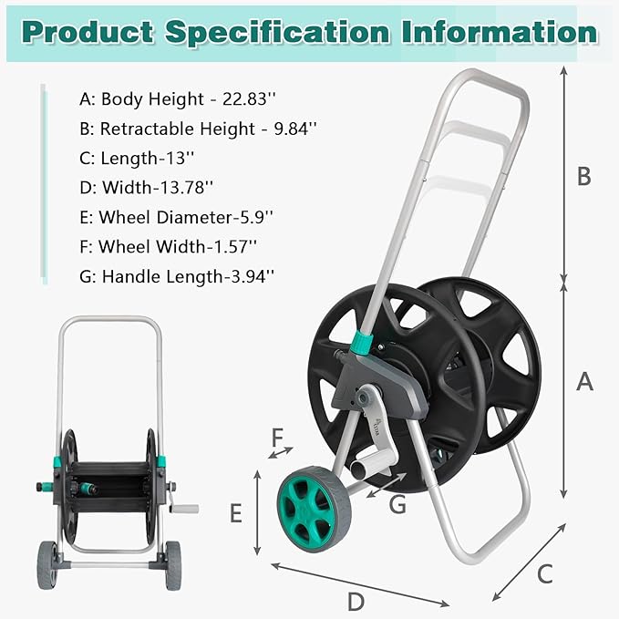 Garden Water Hose Reel Cart, Holds 100 Feet of 5/8 Inch Hose,Garden Water Pipe Holders Mobile Tools with 2 Wheels for Outside Watering