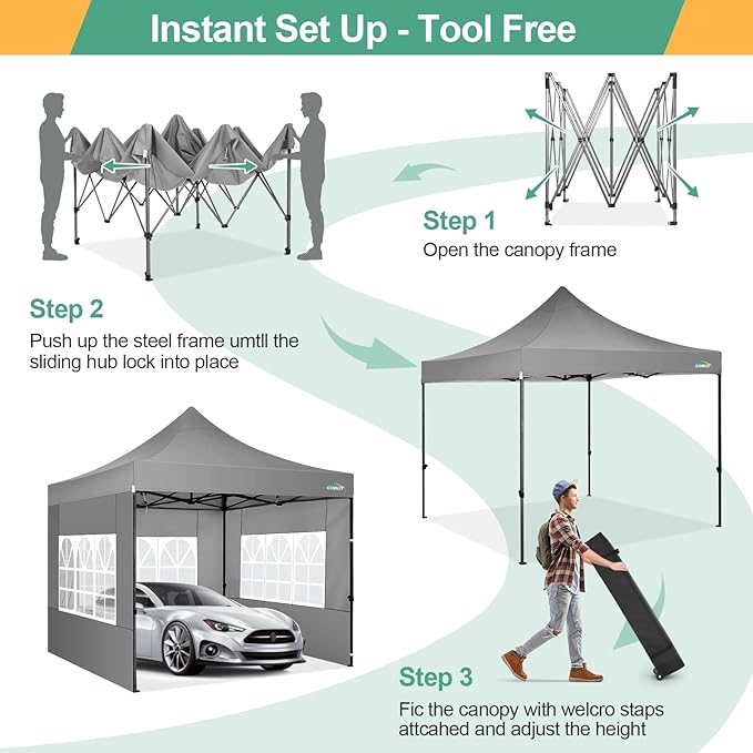 COBIZI 10x10 Pop Up Canopy Tent with 4 sidewalls Commercial Heavy Duty Canopy UPF 50+ All Weather Waterproof Outdoor Canopy Wedding Tents for Parties Gazebo with Roller Bag, Grey (Windproof Upgraded)