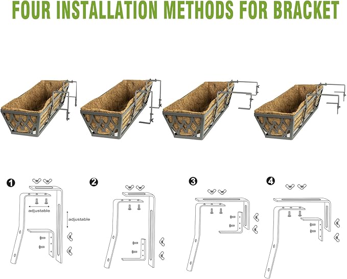 2 Pack 24 Inch Window Boxes Planters Railing Planter Box with Adjustable Brackets for Porch Fence Patio Balcony Hanging Flower Baskets with Coco Liners for Outdoor Garden Decor - Grey