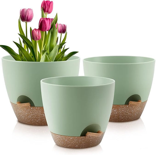 Plant Pots 10/9/8 Inch Self Watering Pots, Set of 3 Plastic Planters with Drainage Holes and Saucers,Plastic Flower Pots,Nursery Planting Pot for Indoor Out Door Plants（Green）