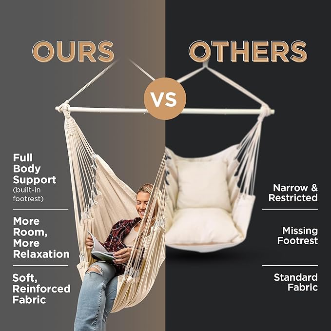 Hanging Hammock Chair Swing – Hanging Chair Outdoor & Indoor - Hammock Swing Chair – Quick & Easy Setup with Hardware Kit – Durable & Spacious Full Body Support – Holds 440 Lbs