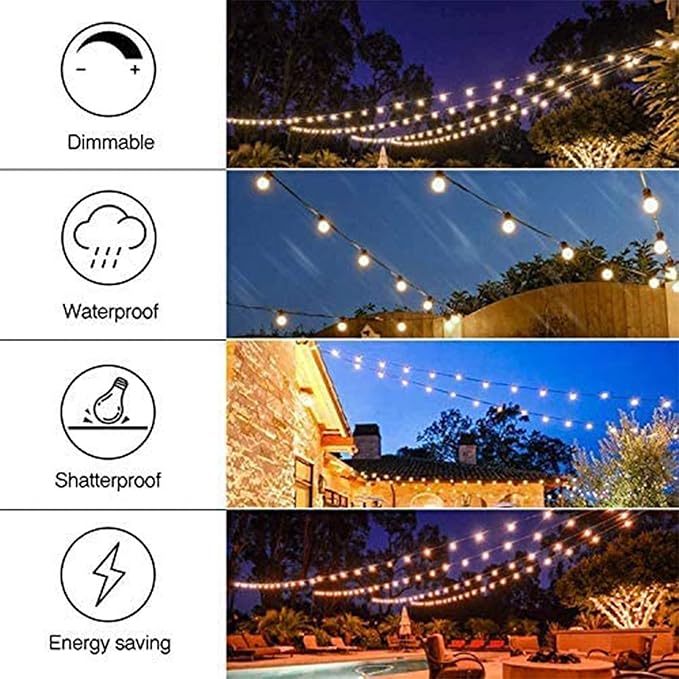 FMART LED 49 Foot Solar Powered String Lights with Vintage Style Waterproof, Shatterproof Plastic Bulbs for Exterior Decoration and Outdoor Use