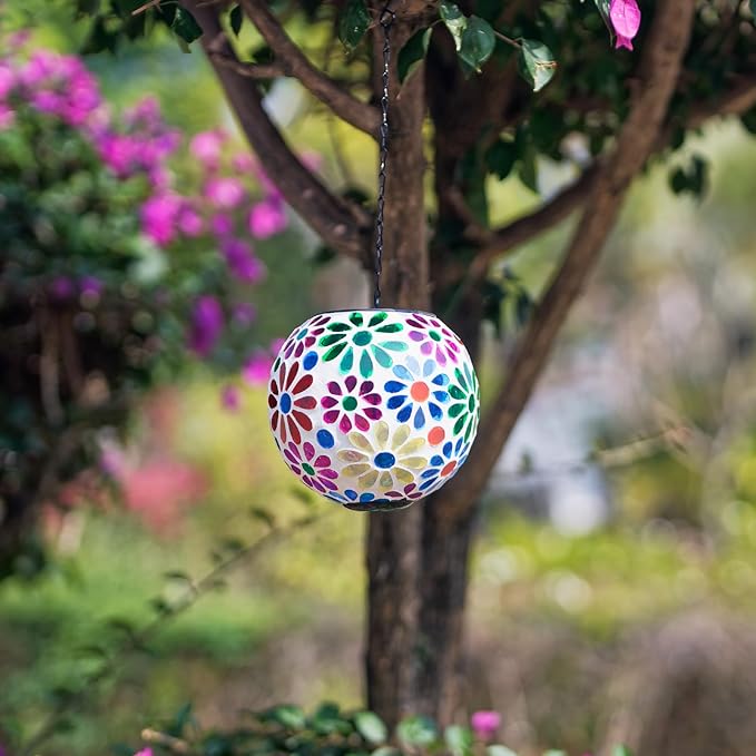 Colorful Solar Hanging Lanterns Glass Mosaic Gazing Ball Globe Hanging Lantern Lights Outdoor Waterproof for Patio Garden Yard Home Decor (Flowers)