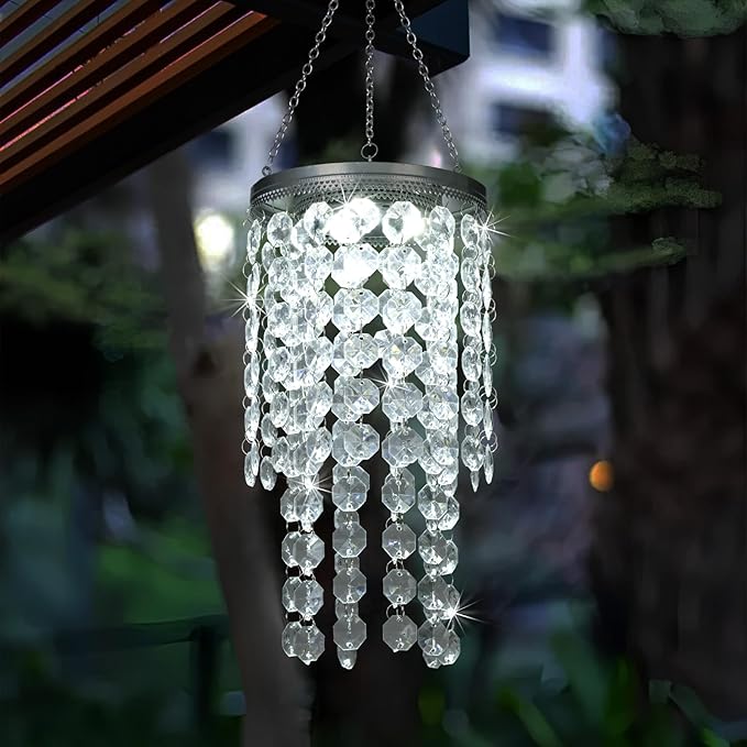 Hanging Solar Crystal Chandelier Outdoor, 21” Modern Solar Transparent Acrylic Beaded Lantern with Cool White LED S Hooks for Garden Yard Patio Gazebo Outside Decor