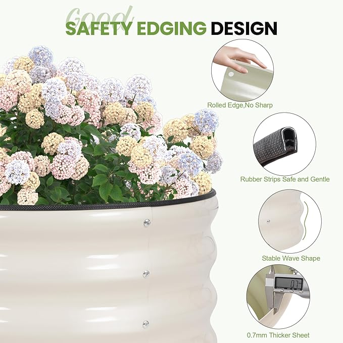 G GOOD GAIN Round Raised Garden Bed - 3Pcs 2x2x1ft Galvanized Steel Planter Boxes Outdoor with Rubber Edge Trim | Metal Raised Beds for Gardening Vegetables Flowers Fruits Herbs (White)