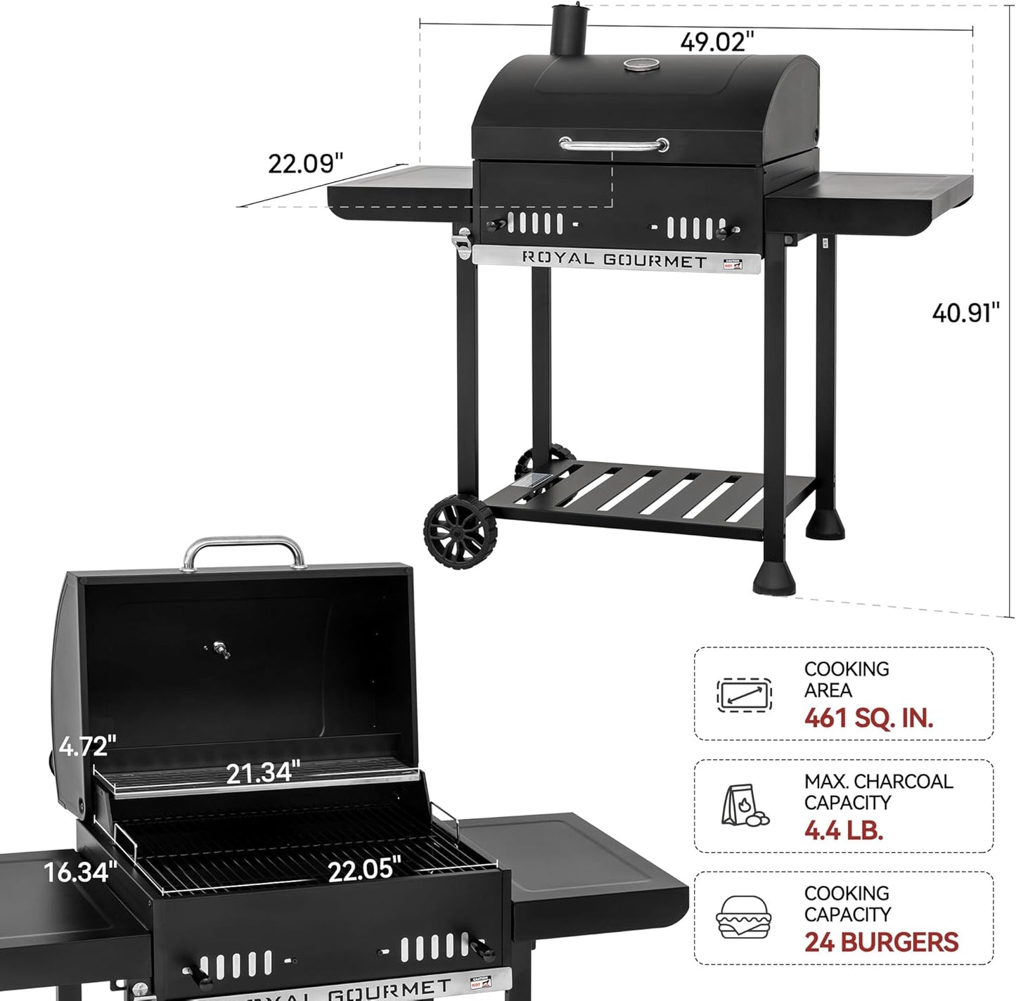 24-Inch Charcoal Grill with Foldable Side Tables, Movable BBQ Grill with 470 Sq. In. Cooking Area for Backyard, Patio and Parties, Black, CD1824EH-SC