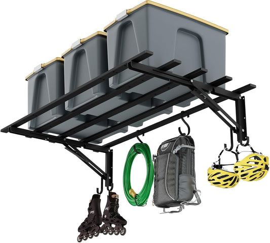 Garage Storage System Shelves 3.21x1.64 ft - Heavy Duty Garage Wall Shelving with Hooks, Foldable Storage Shelving Wall Mounted Install, Versatile Hanging Shelves & Black Metal Floating Organizer