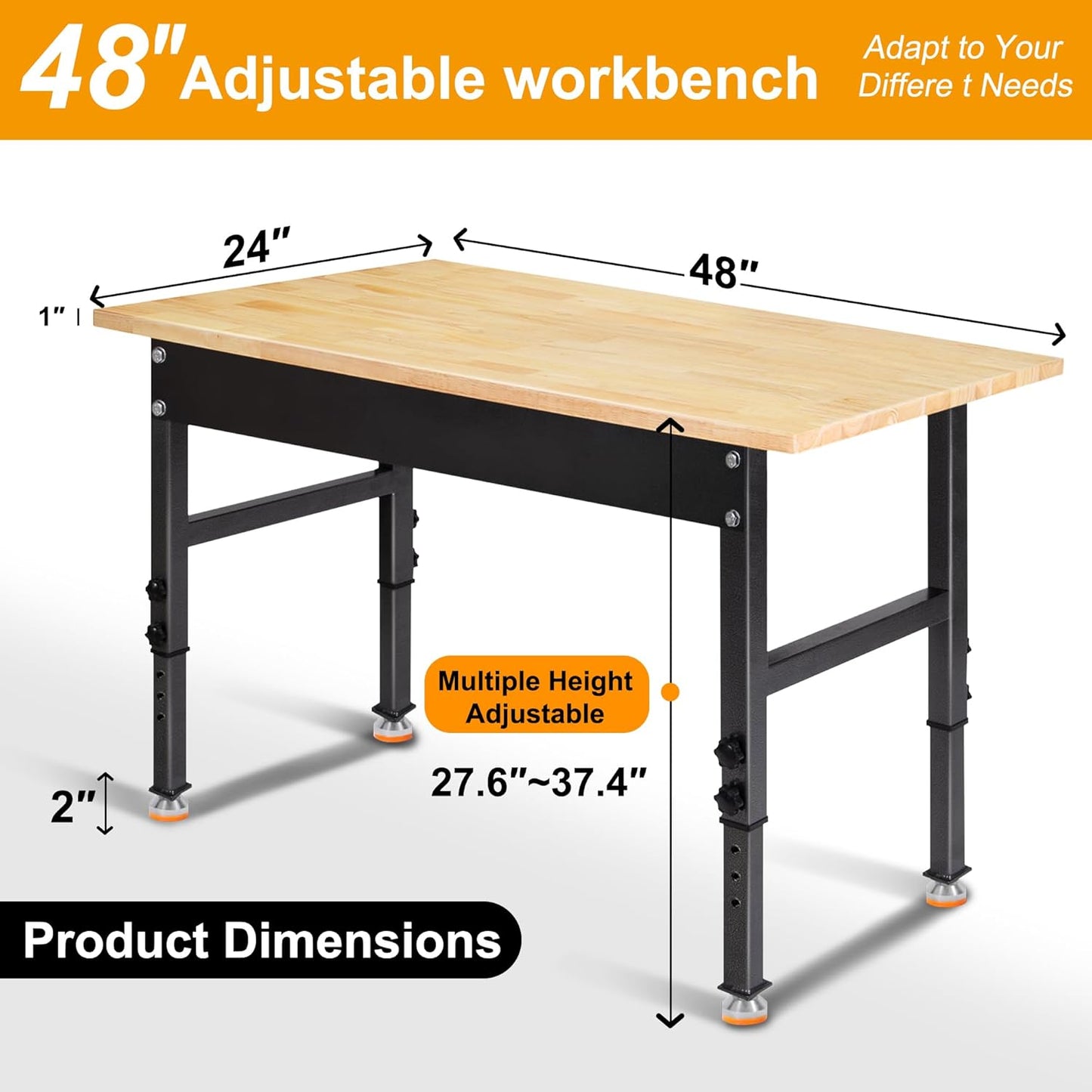48" Adjustable Work Bench, Rubber Wood Top Workbench Heavy-Duty Work Table, 2000 LBS Load Capacity Hardwood Work Benches for Garage, Workshop, Home, Office, Easy Assembly