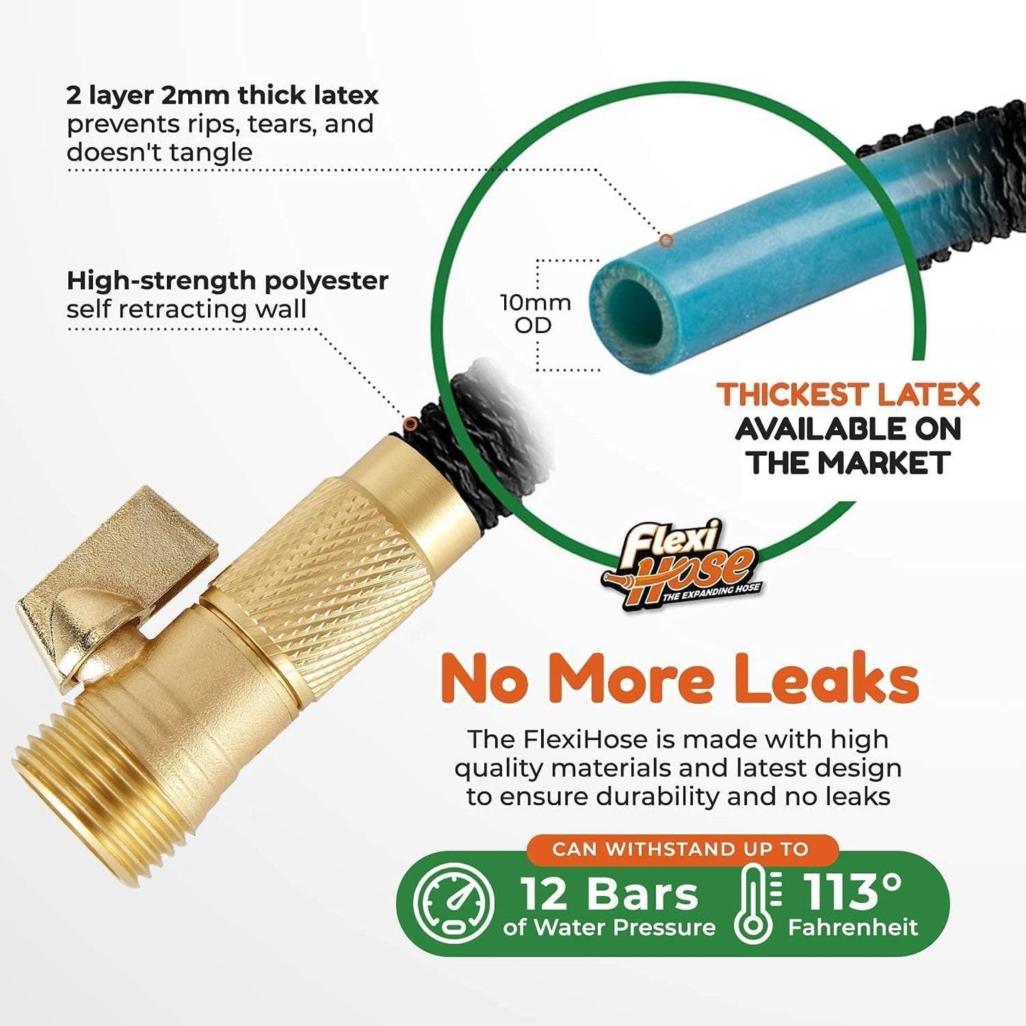Flexi Hose with 8 Function Nozzle, 75FT - Lightweight Expandable Garden Hose, No-Kink Flexibility, 3/4 Inch Solid Brass Fittings and Double Latex Core
