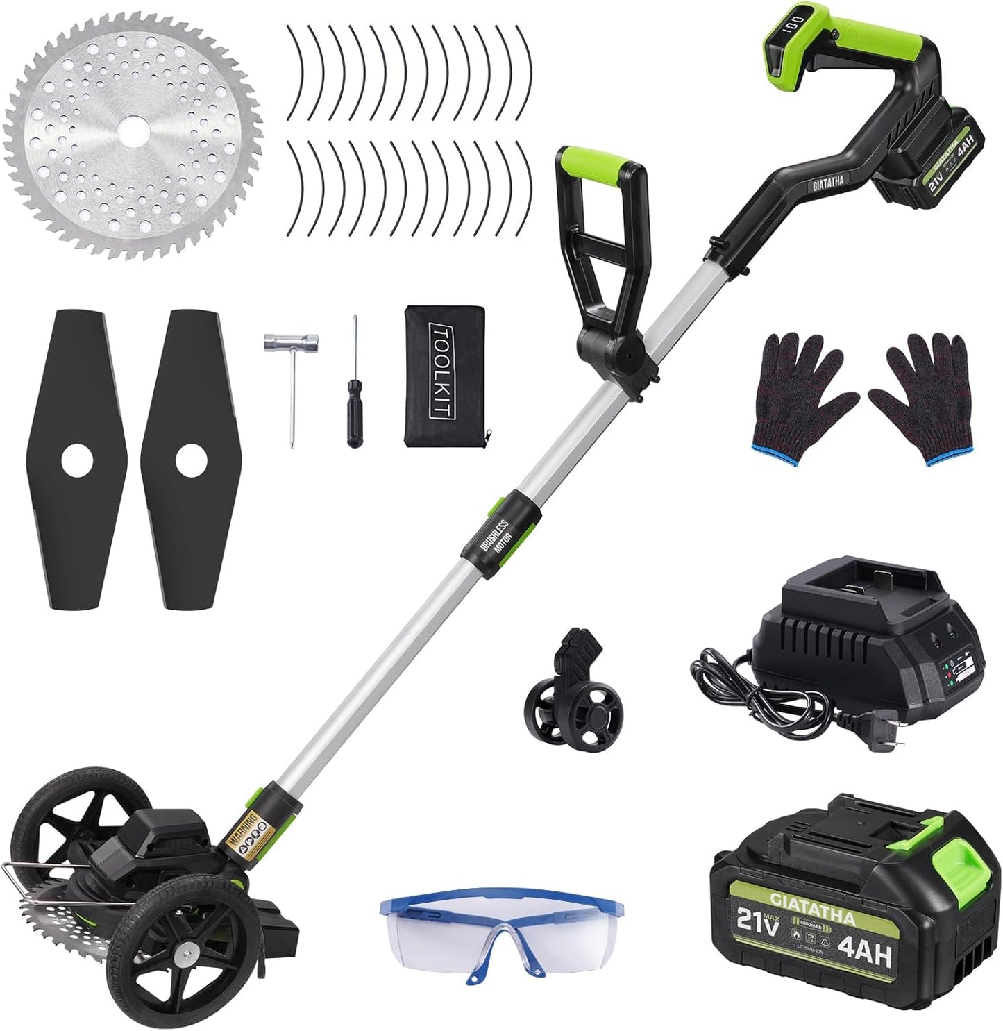 Electric Weed Wacker Cordless with Wheel, Brushless Grass Trimmer with 21V 4.0Ah Battery and Fast Charger, 3 Types of Blades String Trimmer, Weed Eater Battery Powered, Grass Cutter Machine
