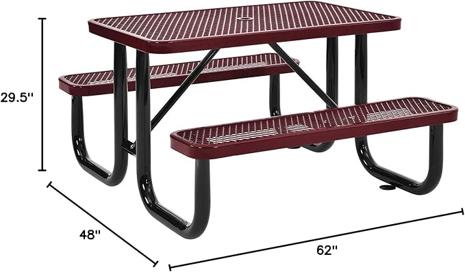 Global Industrial 4 ft. Expanded Metal Rectangular Outdoor Steel Picnic Table, Red