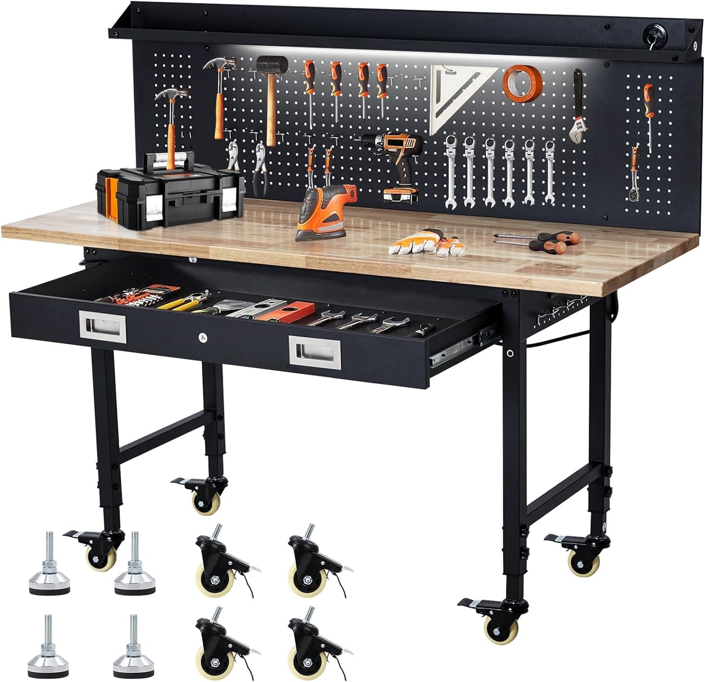60" Adjustable Workbench with Drawer Storage, Rubber Wood Top Work Table for Garage, Heavy Duty Worktable with Removable Pegboard, Power Outlet, Hooks, Tool Storage Bench for Warehouse Workshop