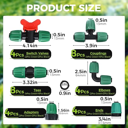 32Pcs 1/2 Inch Tubing Drip Irrigation Fittings Kit, 1/2 ID x 0.6-0.63 OD 16 mm Drip Line Barbed Locked Nut Connectors - 4 Switch Valves, 8 Tees, 8 Couplings, 4 Elbows, 4 Ends, 4 Adapters