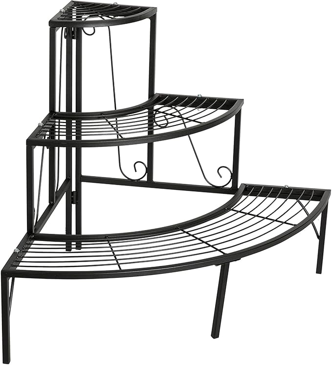 DOEWORKS 3 Tier Plant Stand Flower Pot Rack, Quarter Round Plant Corner Shelf Planters Display Holder orchid shelves for Indoor Outdoor Use, Black