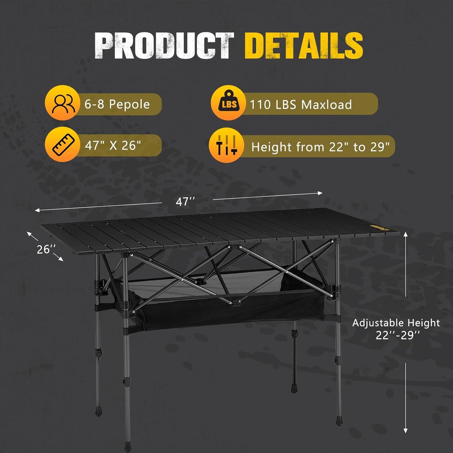 BUNKER INDUST Folding Camping Table, Outdoor Portable Roll-Top Aluminum Table with Carry Bag for Picnic,Beach,BBQ,Backyards, Adjustable Height