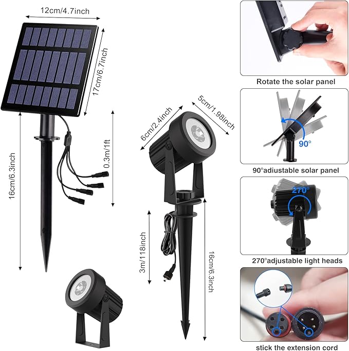 T-SUNUS Solar Garden Spotlight Outdoor, 4-in-1 Solar Spot Lights IP65 Waterproof 9.8ft Cable, 5W Separated Solar Panel, Auto On/Off for Tree Patio Yard Driveway Pathway Pool Area(Warm White 3000K)