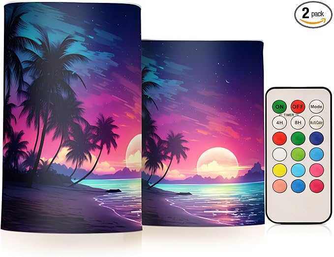 Flickering Flameless Candles, Palm Tree Beach Tropical LED Candles with Remote Timer, Set of 2 Battery Operated Candle for Valentine Wedding Birthday
