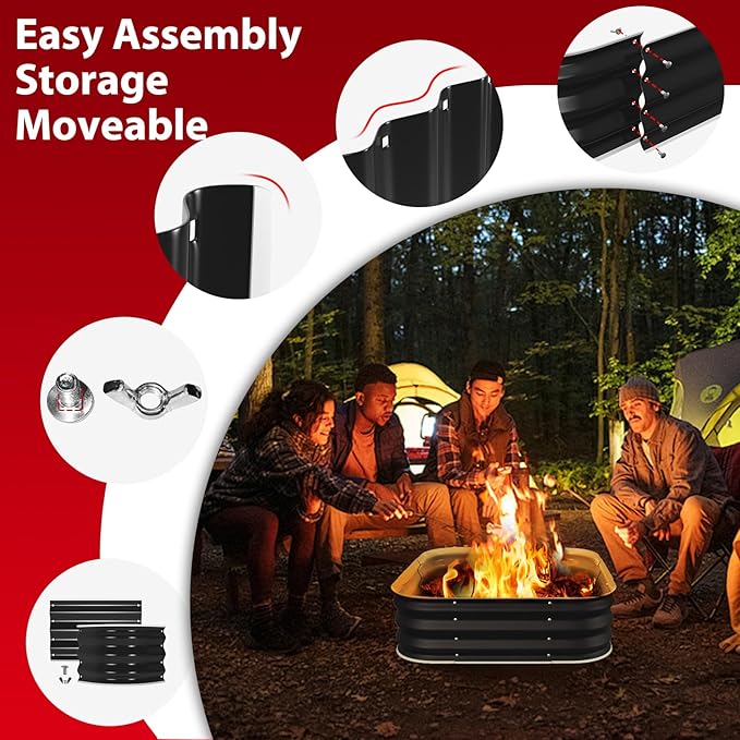 Fire Pit 48 Inch, Square Galvanized Steel Fire Pit for Outside, Heavy Duty Steel Fire Pit In-Ground for Backyard, Camping, Bonfire, Flower Raised Garden Bed for Garden, 11 Inch High