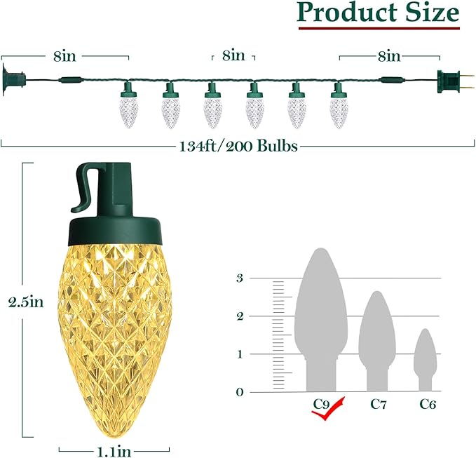 C9 LED Christmas Lights, 134FT 200Bulbs Outdoor Christmas Decorations for House Waterproof String Lights Extendable Green Wire Fairy Lights for Patio Xmas Garden Party Wedding Indoor Warm White