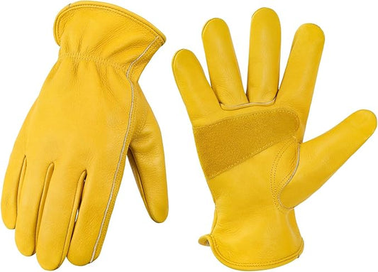DULFINE Leather Work Gloves for Men & Women, Reinforced Durable Gardening Gloves,Cowhide Work Gloves,Puncture & Cut Resistant