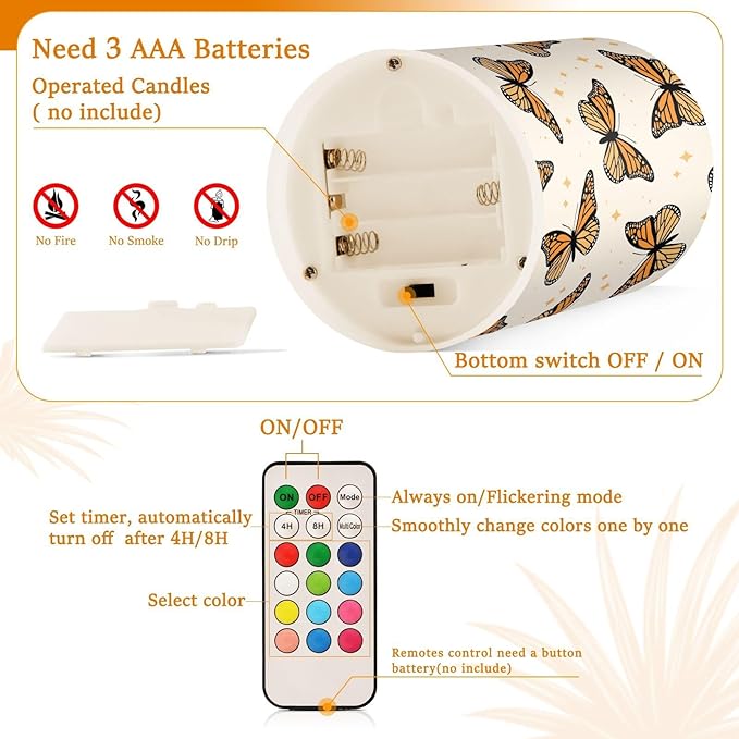 Flickering Flameless Candles, Monarch Butterflies LED Candles with Remote Timer, Set of 2 Battery Operated Candle for Valentine Wedding Birthday